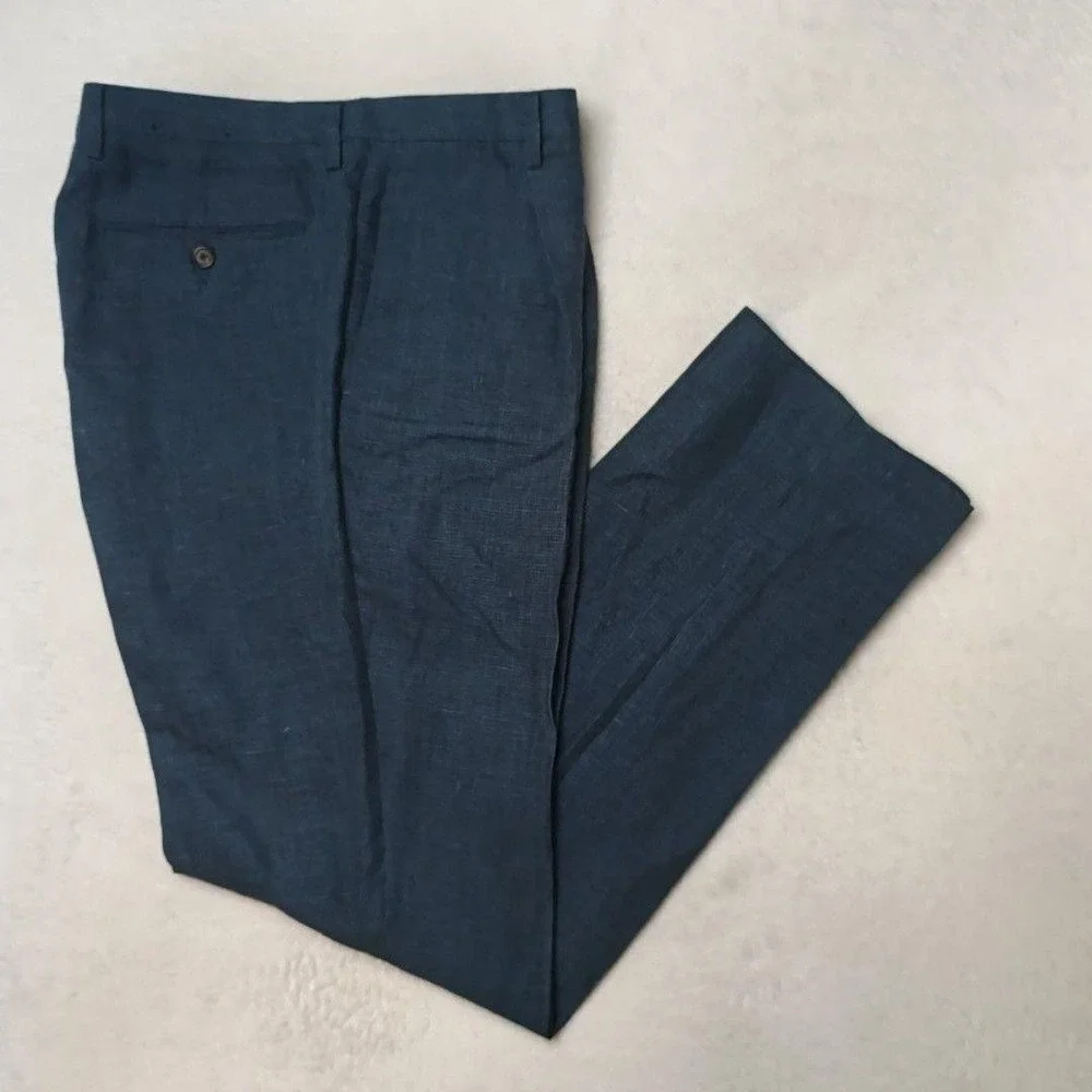 Banana Republic Pants Mens 33x32 Blue Houndstooth Linen Slim Dress Pleated